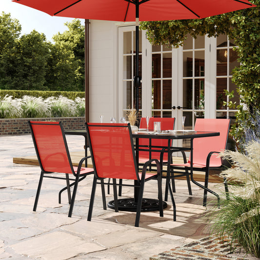Brazos 5 Piece Outdoor Patio Dining Set - 55" Tempered Glass Patio Table with Umbrella Hole, 4 Red Flex Comfort Stack Chairs Red TLH-089REC-303CRD4-GG