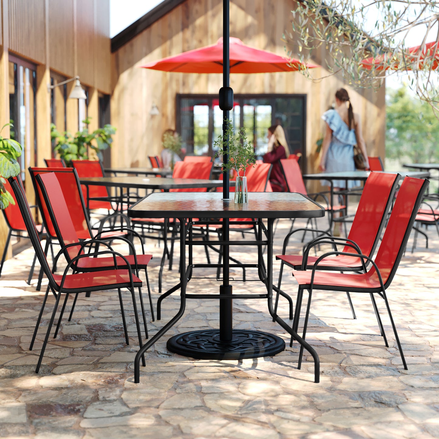 Brazos 5 Piece Outdoor Patio Dining Set - 55" Tempered Glass Patio Table with Umbrella Hole, 4 Red Flex Comfort Stack Chairs Red