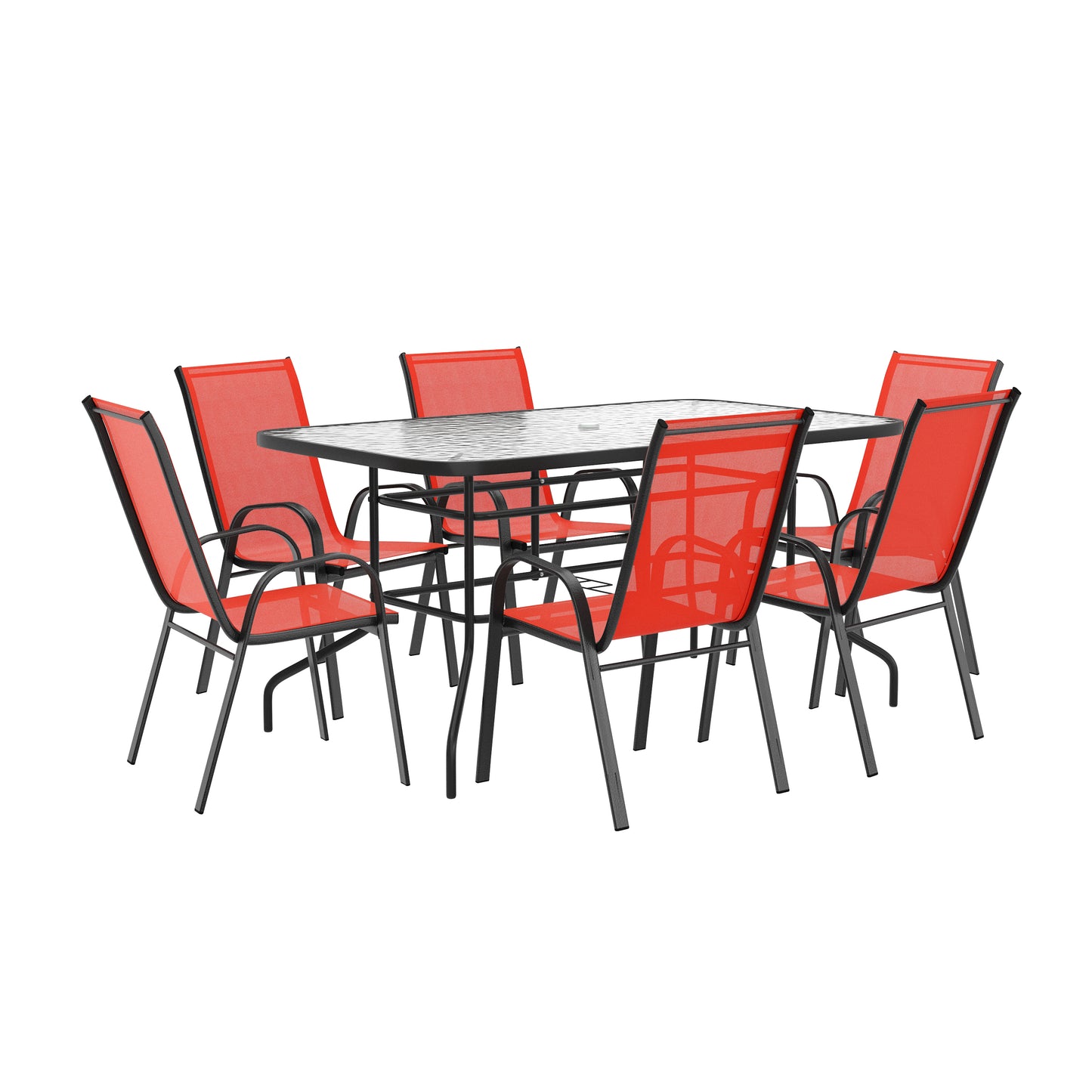Brazos 7 Piece Outdoor Patio Dining Set - 55" Tempered Glass Patio Table with Umbrella Hole, 6 Red Flex Comfort Stack Chairs Red
