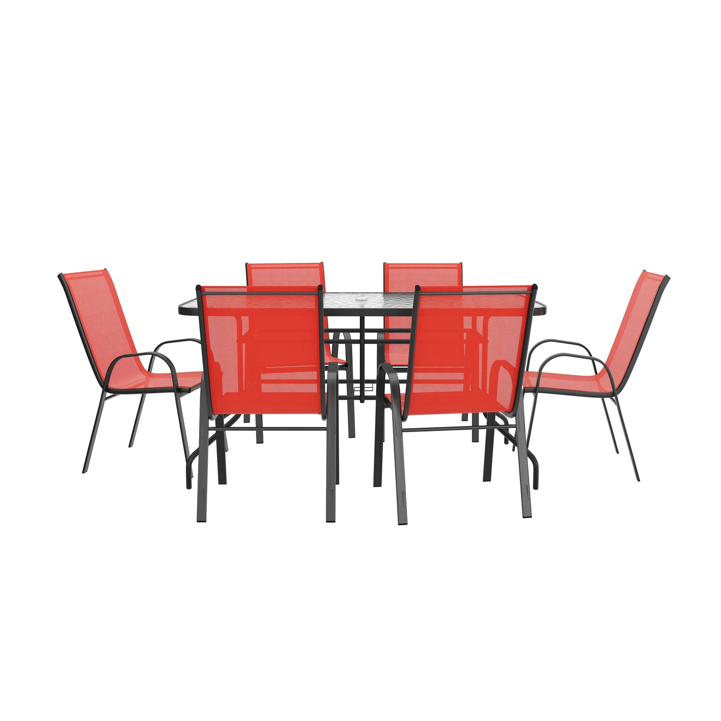 Brazos 7 Piece Outdoor Patio Dining Set - 55" Tempered Glass Patio Table with Umbrella Hole, 6 Red Flex Comfort Stack Chairs Red