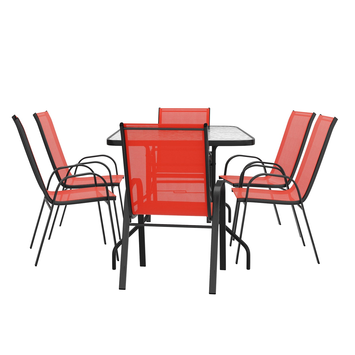 Brazos 7 Piece Outdoor Patio Dining Set - 55" Tempered Glass Patio Table with Umbrella Hole, 6 Red Flex Comfort Stack Chairs Red