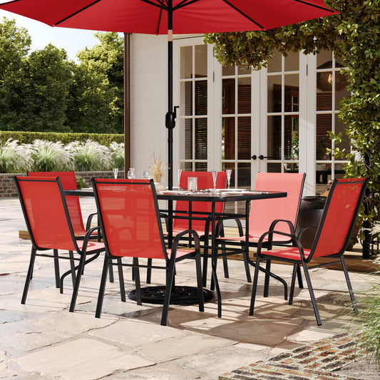 Brazos 7 Piece Outdoor Patio Dining Set - 55" Tempered Glass Patio Table with Umbrella Hole, 6 Red Flex Comfort Stack Chairs Red TLH-089REC-303CRD6-GG