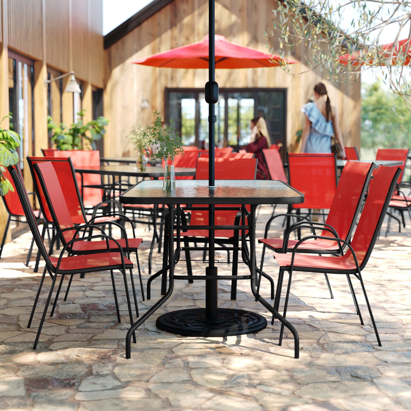 Brazos 7 Piece Outdoor Patio Dining Set - 55" Tempered Glass Patio Table with Umbrella Hole, 6 Red Flex Comfort Stack Chairs Red