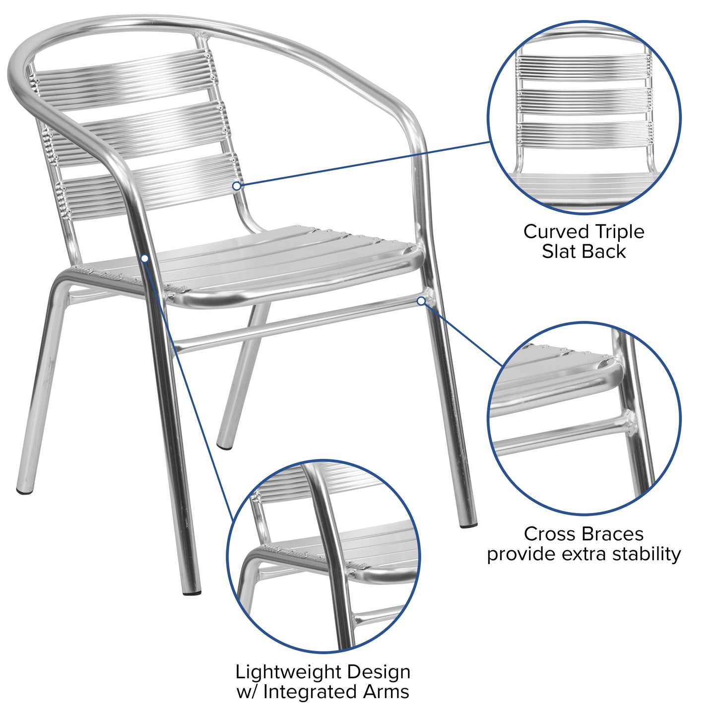 Lila Heavy Duty Commercial Aluminum Indoor-Outdoor Restaurant Stack Chair with Triple Slat Back Aluminum
