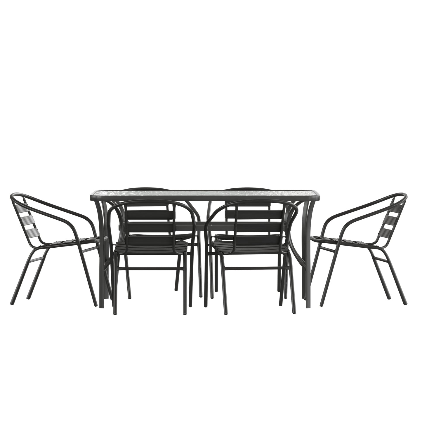 Lila 7 Piece Commercial Outdoor Patio Dining Set with 60" Tempered Glass Patio Table with Umbrella Hole and 6 Black Triple Slat Chairs Black TLH-94B-017CBK-GG