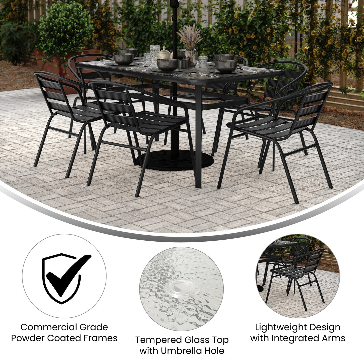 Lila 7 Piece Commercial Outdoor Patio Dining Set with 60" Tempered Glass Patio Table with Umbrella Hole and 6 Black Triple Slat Chairs Black TLH-94B-017CBK-GG