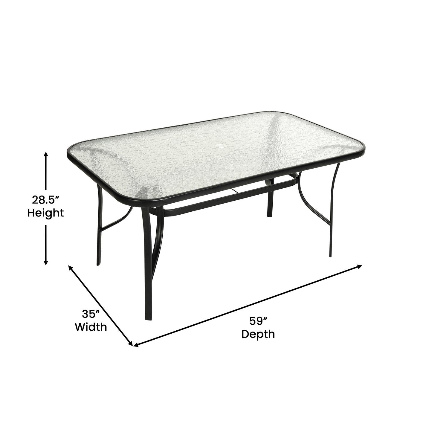 Lila 7 Piece Commercial Outdoor Patio Dining Set with 60" Tempered Glass Patio Table with Umbrella Hole and 6 Black Triple Slat Chairs Black TLH-94B-017CBK-GG
