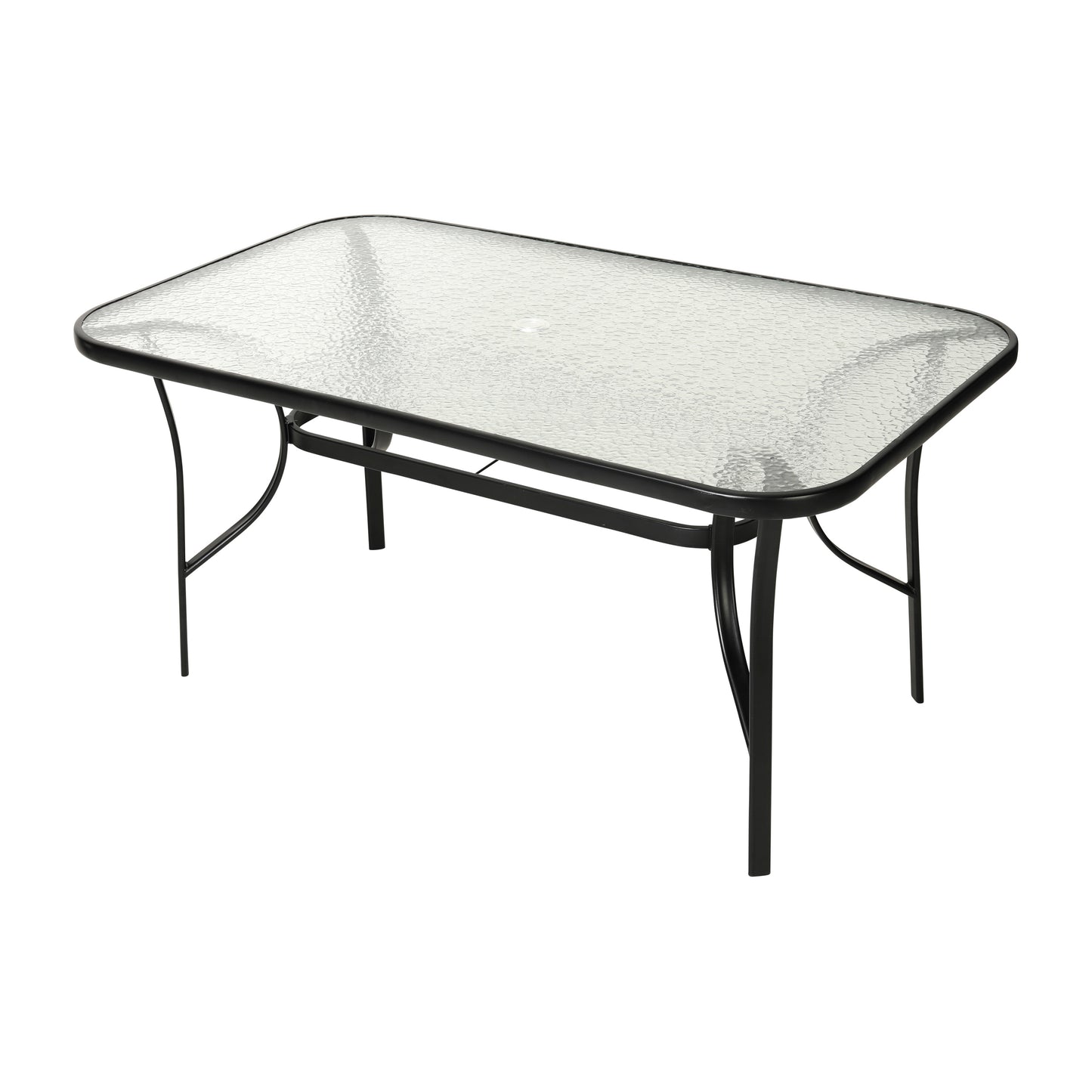 Lila 7 Piece Commercial Outdoor Patio Dining Set with 60" Tempered Glass Patio Table with Umbrella Hole and 6 Black Triple Slat Chairs Black TLH-94B-017CBK-GG