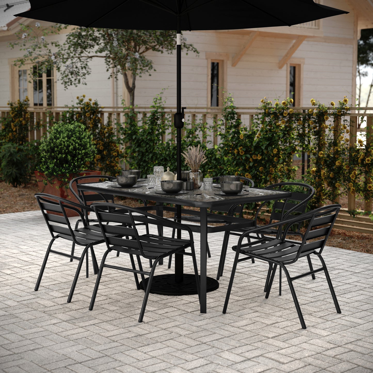 Lila 7 Piece Commercial Outdoor Patio Dining Set with 60" Tempered Glass Patio Table with Umbrella Hole and 6 Black Triple Slat Chairs Black TLH-94B-017CBK-GG