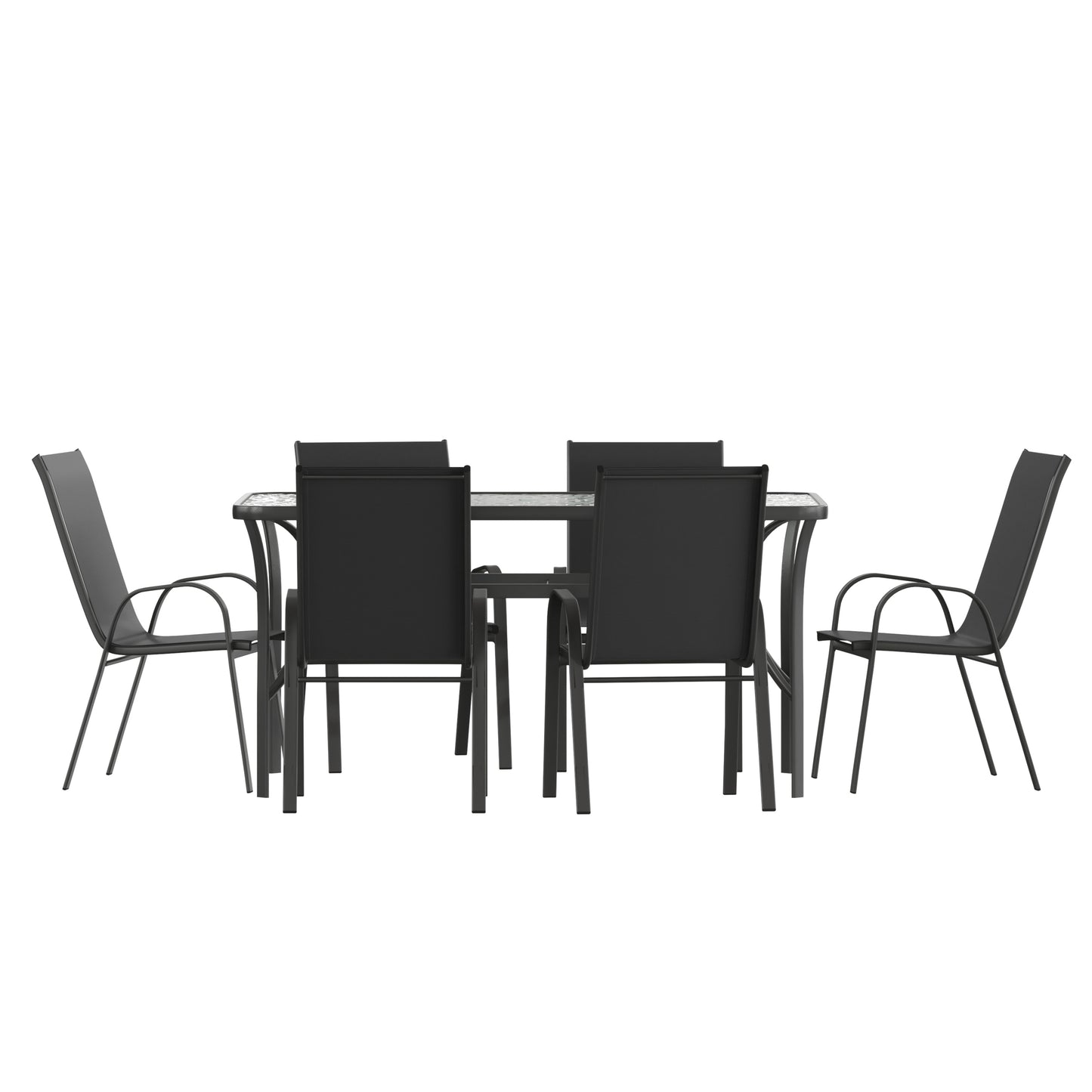 Brazos 7 Piece Commercial Grade Patio Dining Set with Tempered Glass Patio Table and 6 Chairs with Black Flex Comfort Material Seats and Backs Black