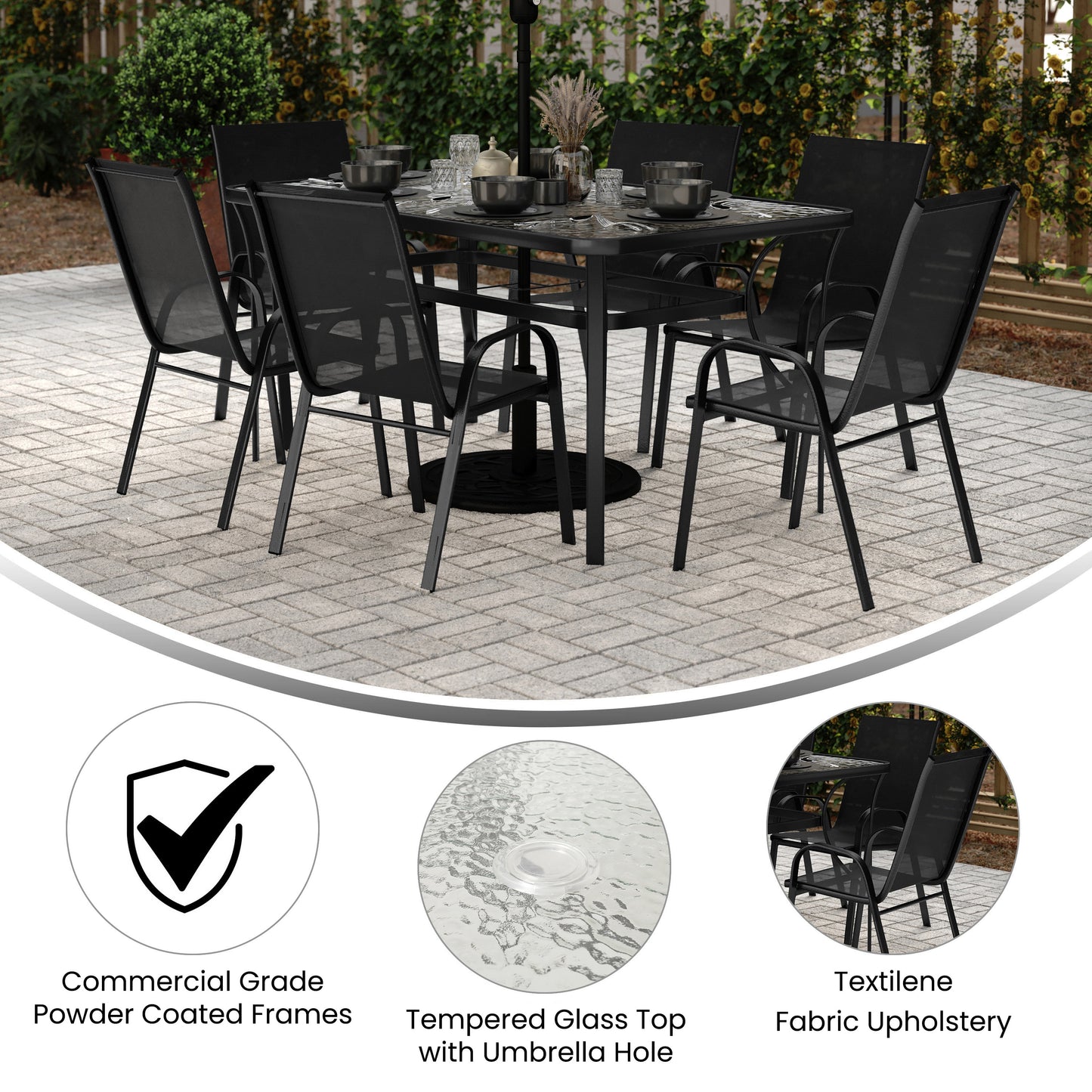 Brazos 7 Piece Commercial Grade Patio Dining Set with Tempered Glass Patio Table and 6 Chairs with Black Flex Comfort Material Seats and Backs Black