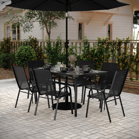 Brazos 7 Piece Commercial Grade Patio Dining Set with Tempered Glass Patio Table and 6 Chairs with Black Flex Comfort Material Seats and Backs Black