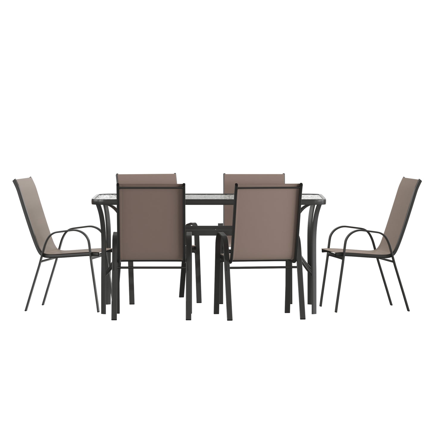 Brazos 7 Piece Commercial Grade Patio Dining Set with Tempered Glass Patio Table and 6 Chairs with Brown Flex Comfort Material Seats and Backs Brown