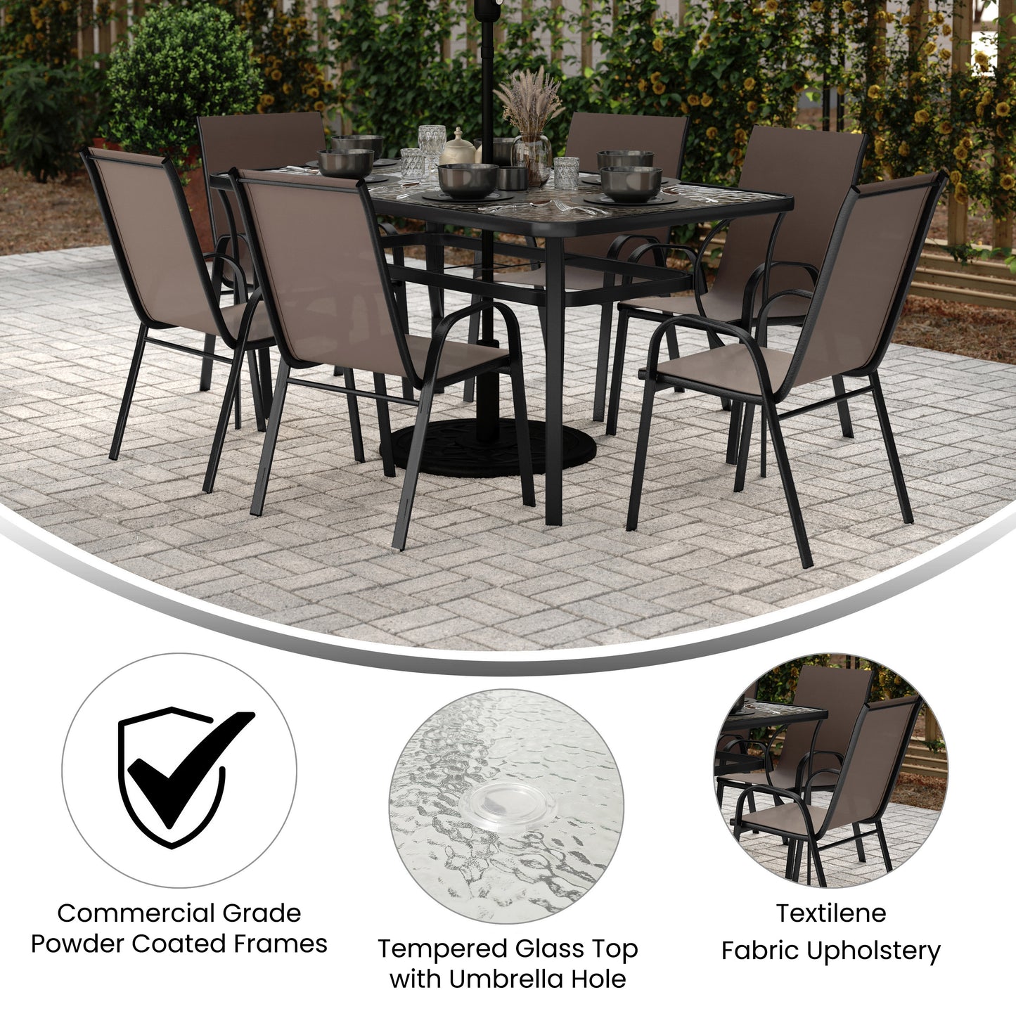 Brazos 7 Piece Commercial Grade Patio Dining Set with Tempered Glass Patio Table and 6 Chairs with Brown Flex Comfort Material Seats and Backs Brown