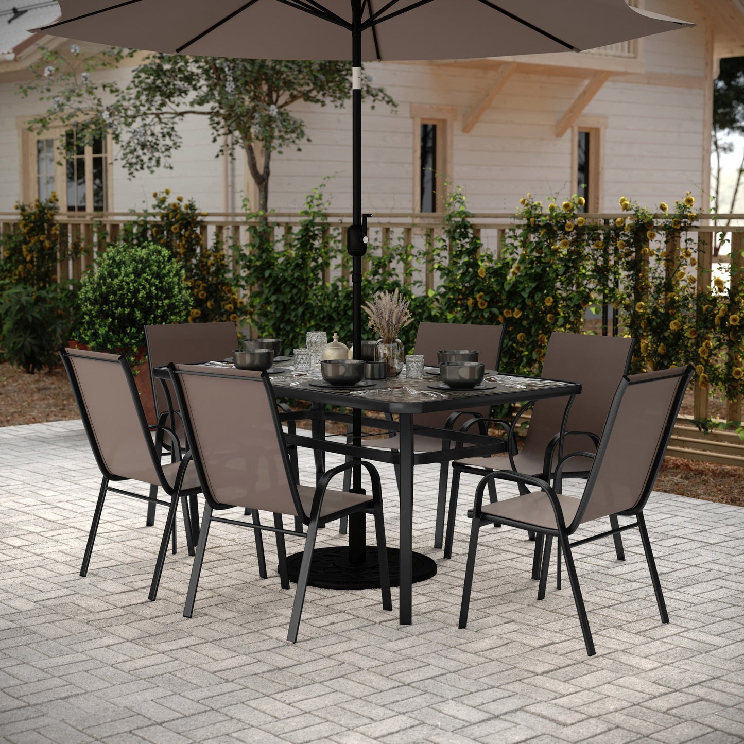 Brazos 7 Piece Commercial Grade Patio Dining Set with Tempered Glass Patio Table and 6 Chairs with Brown Flex Comfort Material Seats and Backs Brown