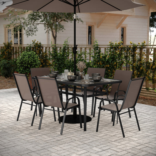 Brazos 7 Piece Commercial Grade Patio Dining Set with Tempered Glass Patio Table and 6 Chairs with Brown Flex Comfort Material Seats and Backs Brown