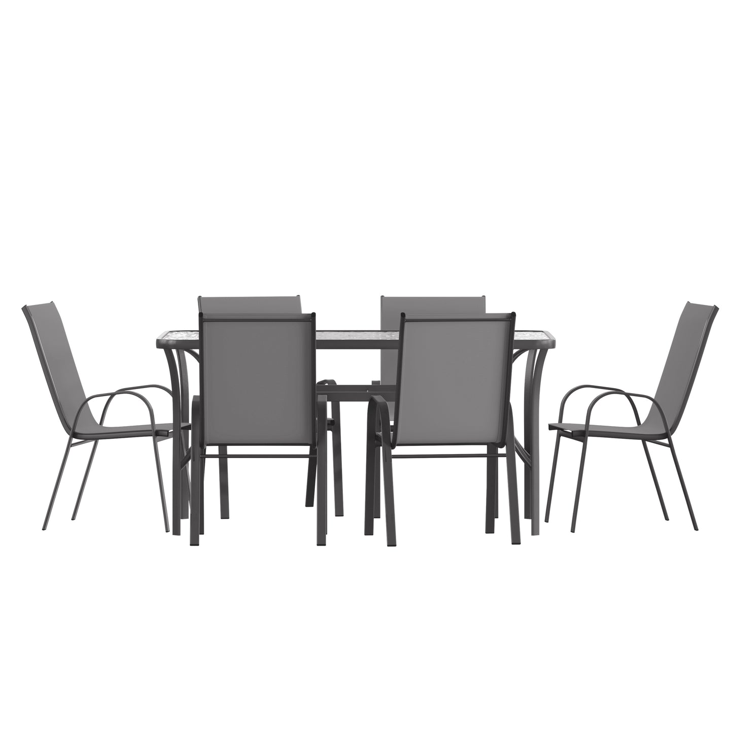 Brazos 7 Piece Commercial Grade Patio Dining Set with Tempered Glass Patio Table and 6 Chairs with Gray Flex Comfort Material Seats and Backs Gray