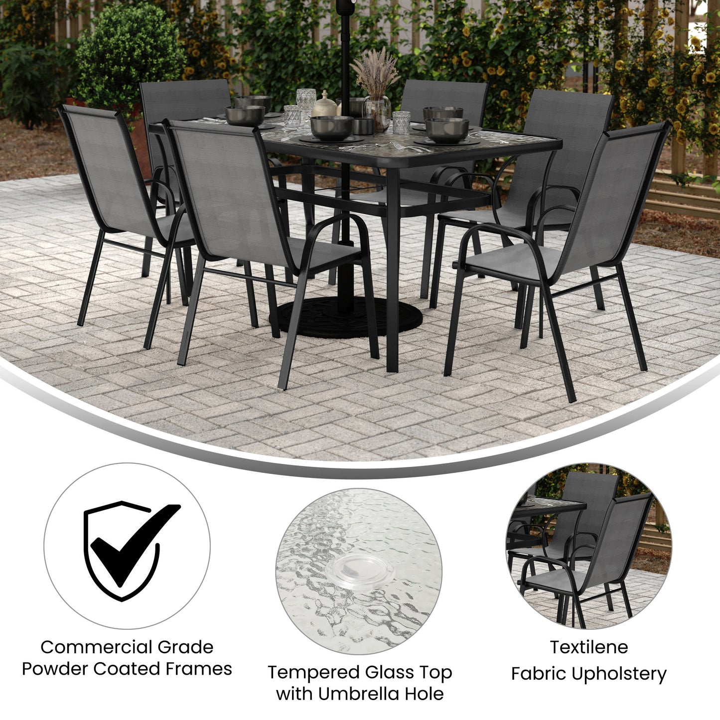 Brazos 7 Piece Commercial Grade Patio Dining Set with Tempered Glass Patio Table and 6 Chairs with Gray Flex Comfort Material Seats and Backs Gray