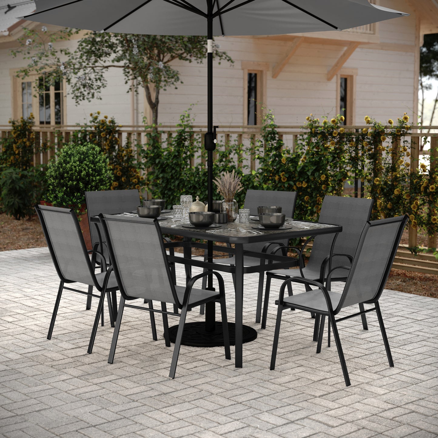 Brazos 7 Piece Commercial Grade Patio Dining Set with Tempered Glass Patio Table and 6 Chairs with Gray Flex Comfort Material Seats and Backs Gray
