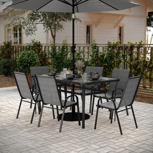 Brazos 7 Piece Commercial Grade Patio Dining Set with Tempered Glass Patio Table and 6 Chairs with Gray Flex Comfort Material Seats and Backs Gray