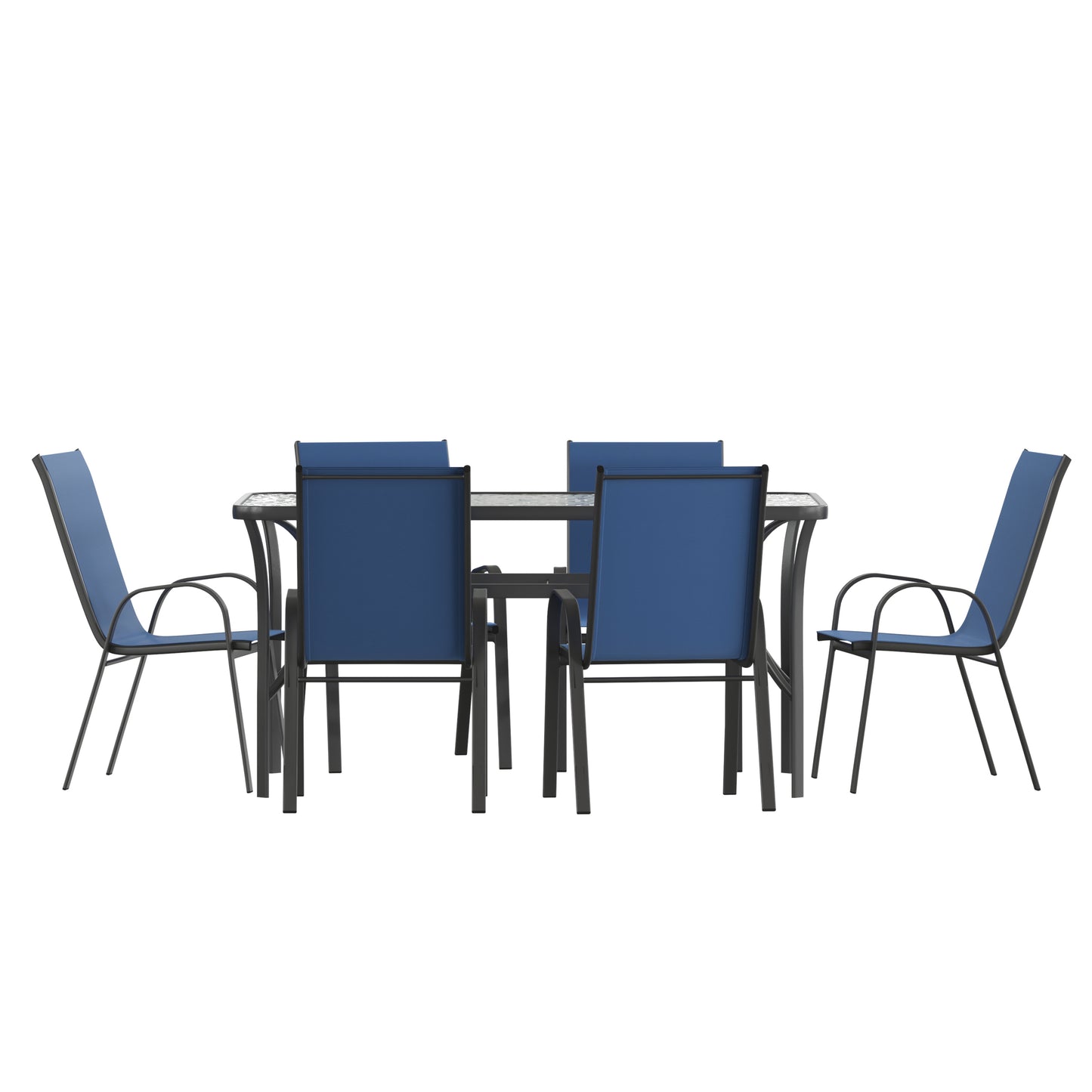 Brazos 7 Piece Commercial Grade Patio Dining Set with Tempered Glass Patio Table and 6 Chairs with Navy Flex Comfort Material Seats and Backs Navy