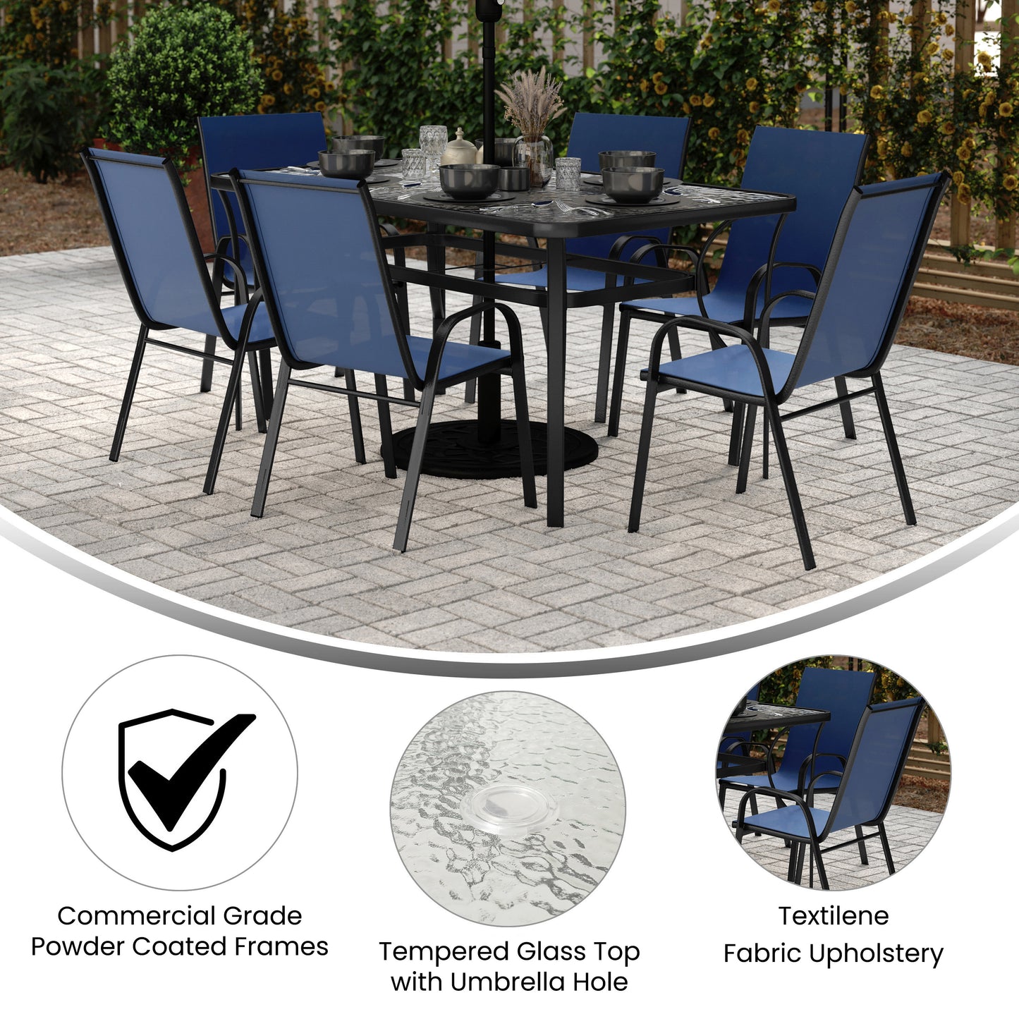 Brazos 7 Piece Commercial Grade Patio Dining Set with Tempered Glass Patio Table and 6 Chairs with Navy Flex Comfort Material Seats and Backs Navy