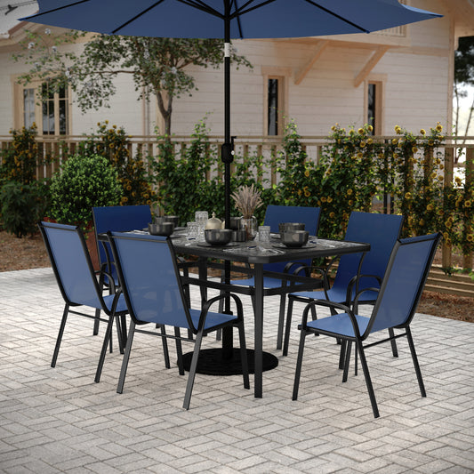 Brazos 7 Piece Commercial Grade Patio Dining Set with Tempered Glass Patio Table and 6 Chairs with Navy Flex Comfort Material Seats and Backs Navy