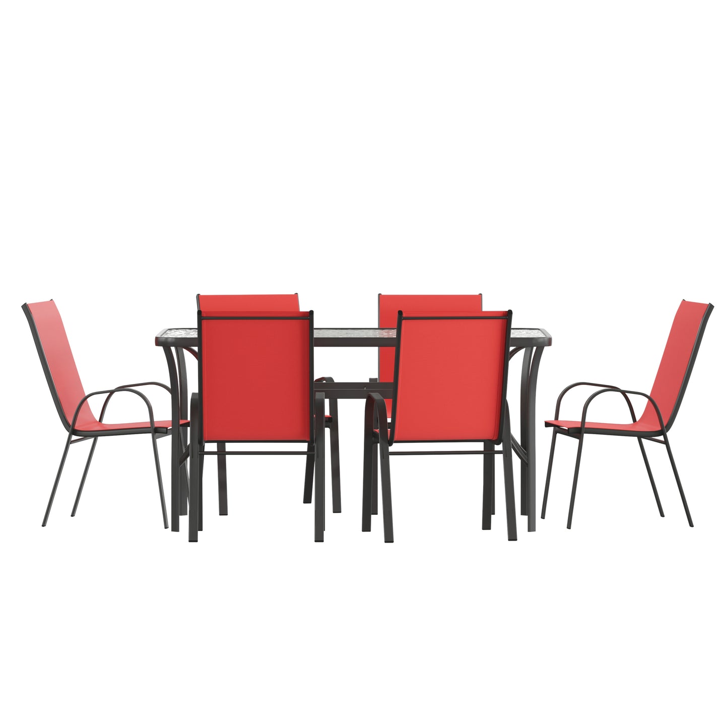 Brazos 7 Piece Commercial Grade Patio Dining Set with Tempered Glass Patio Table and 6 Chairs with Red Flex Comfort Material Seats and Backs Red