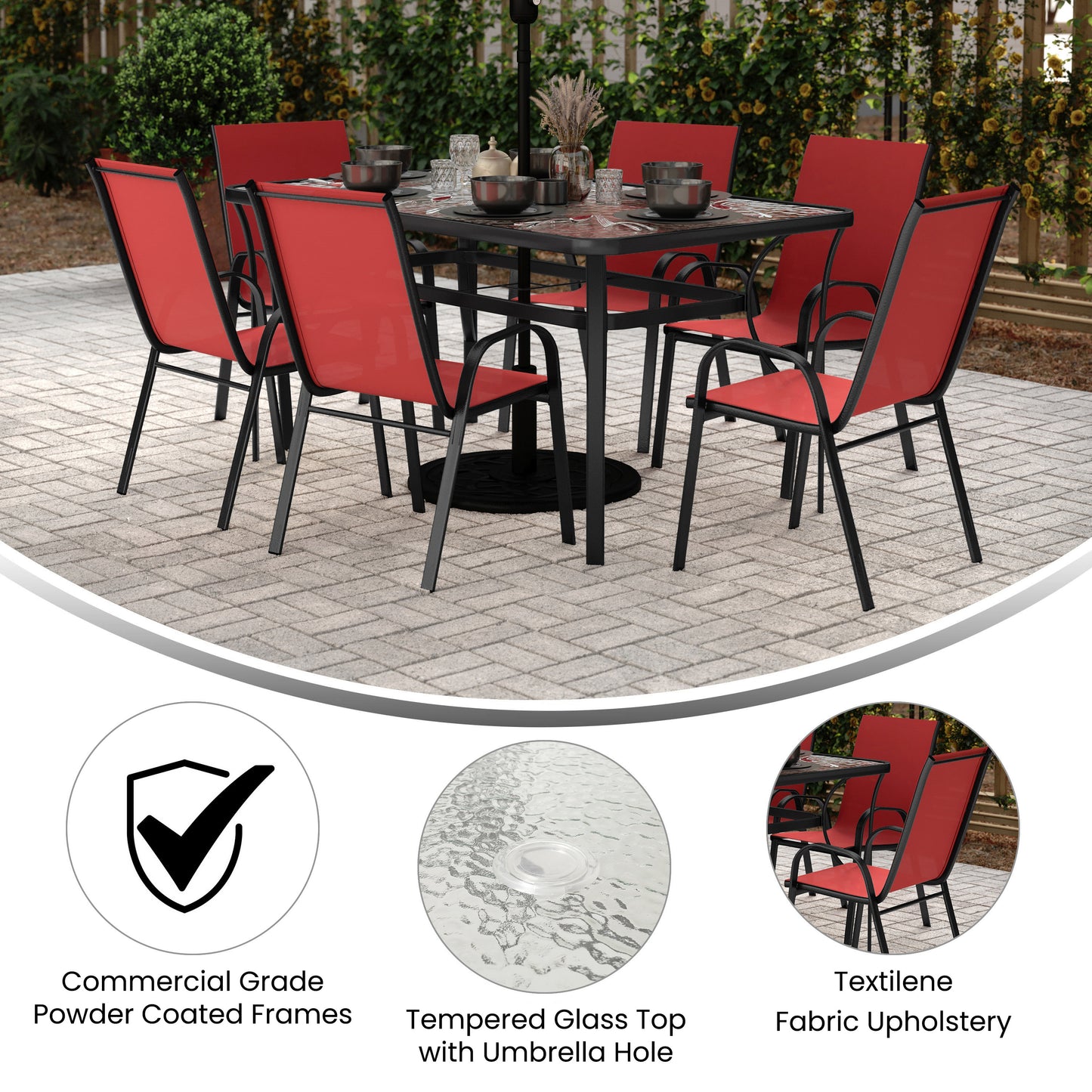 Brazos 7 Piece Commercial Grade Patio Dining Set with Tempered Glass Patio Table and 6 Chairs with Red Flex Comfort Material Seats and Backs Red