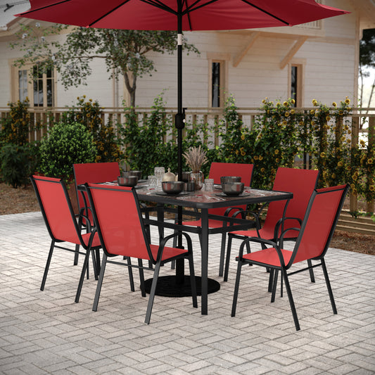 Brazos 7 Piece Commercial Grade Patio Dining Set with Tempered Glass Patio Table and 6 Chairs with Red Flex Comfort Material Seats and Backs Red
