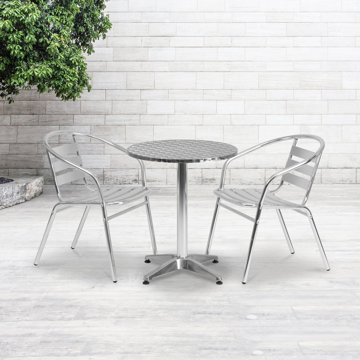 Lila 23.5'' Round Aluminum Indoor-Outdoor Table Set with 2 Slat Back Chairs Aluminum