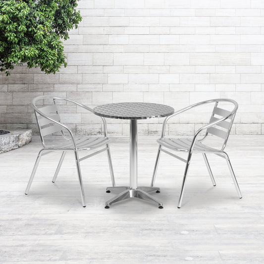 Lila 23.5'' Round Aluminum Indoor-Outdoor Table Set with 2 Slat Back Chairs Aluminum