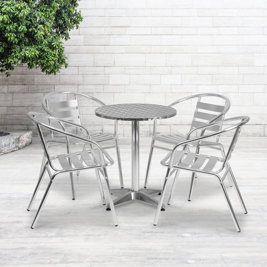 Lila 23.5'' Round Aluminum Indoor-Outdoor Table Set with 4 Slat Back Chairs Aluminum