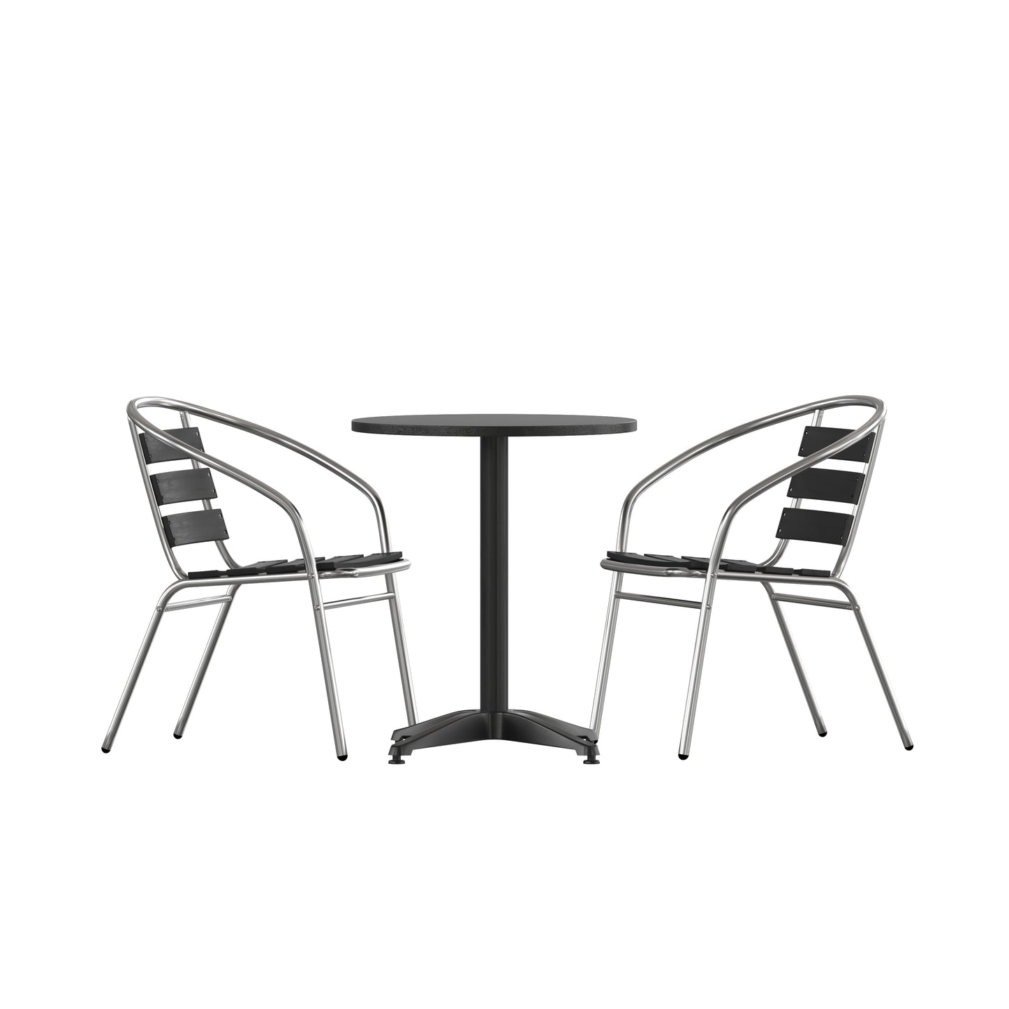 Lila 23.5'' Black Round Aluminum Indoor-Outdoor Table Set with 2 Black Slat Back Chairs Black