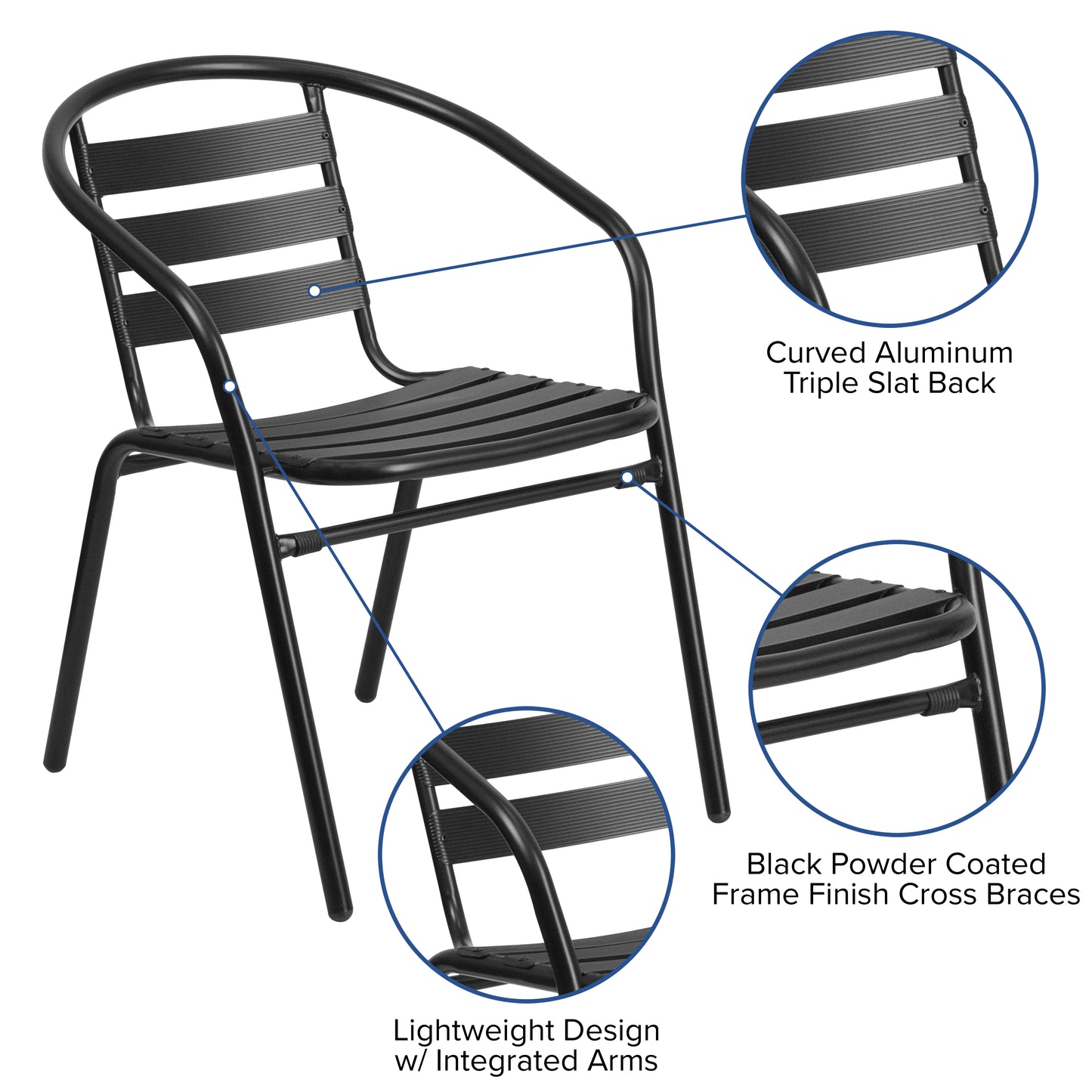 Lila 23.5'' Black Round Aluminum Indoor-Outdoor Table Set with 2 Black Slat Back Chairs Black