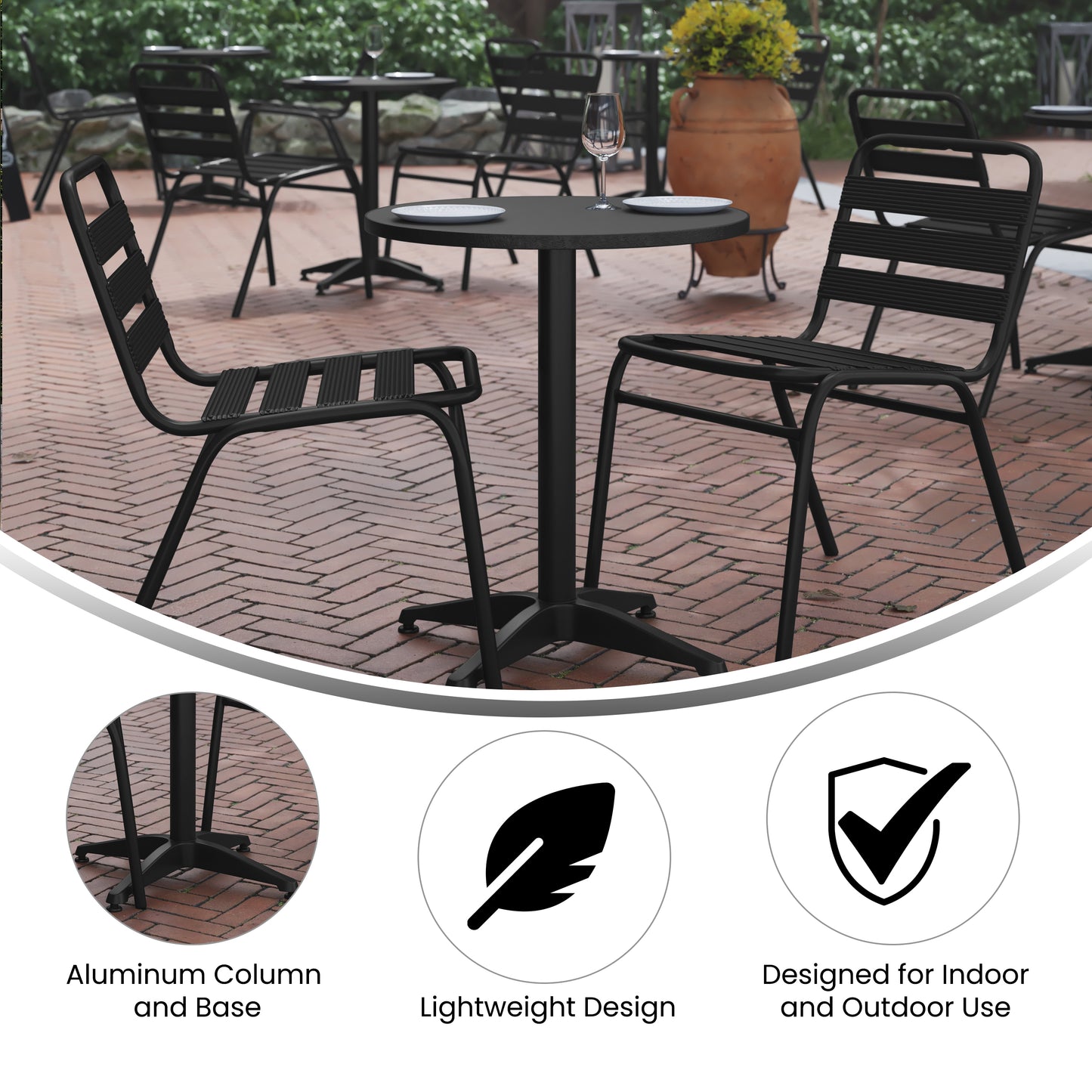 Lila 23.5'' Black Round Aluminum Indoor-Outdoor Table Set with 2 Black Slat Back Chairs Black
