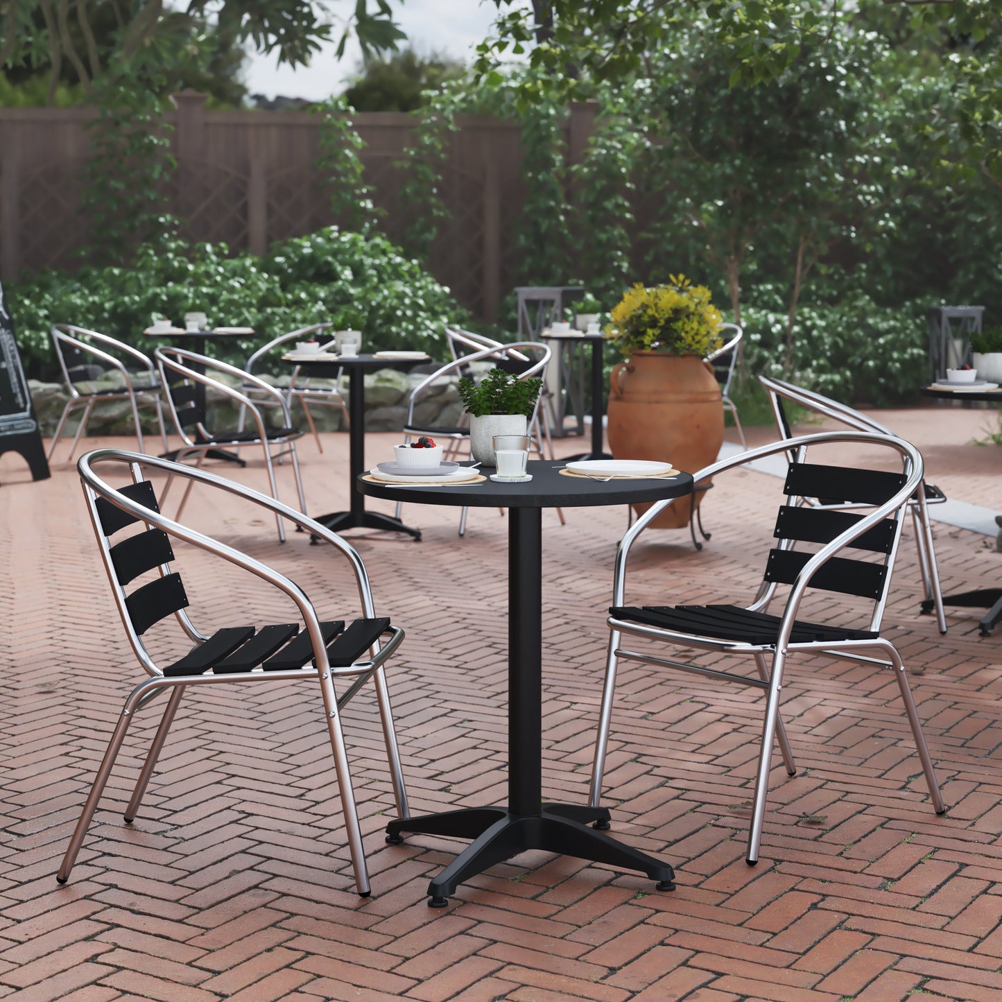 Lila 23.5'' Black Round Aluminum Indoor-Outdoor Table Set with 2 Black Slat Back Chairs Black