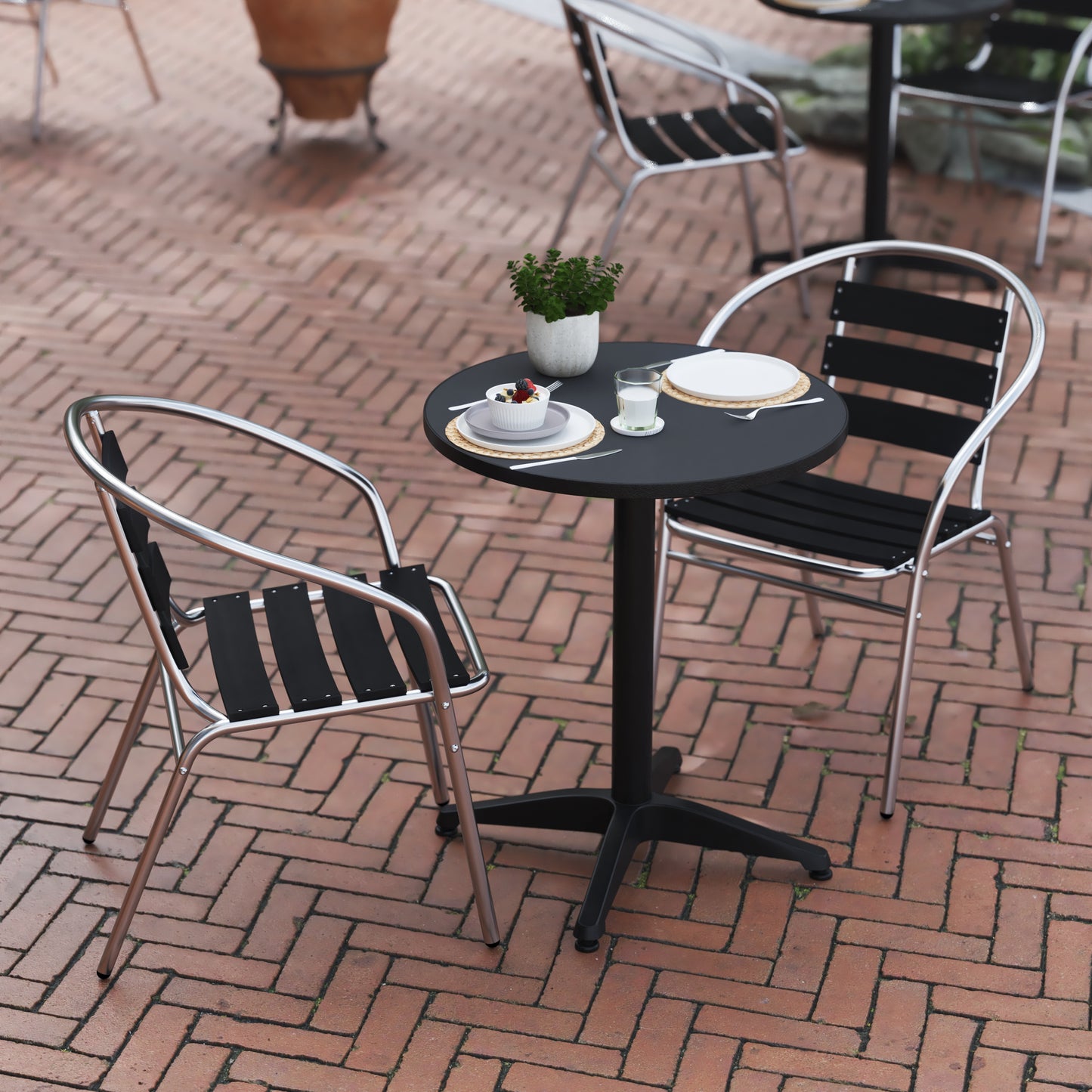 Lila 23.5'' Black Round Aluminum Indoor-Outdoor Table Set with 2 Black Slat Back Chairs Black