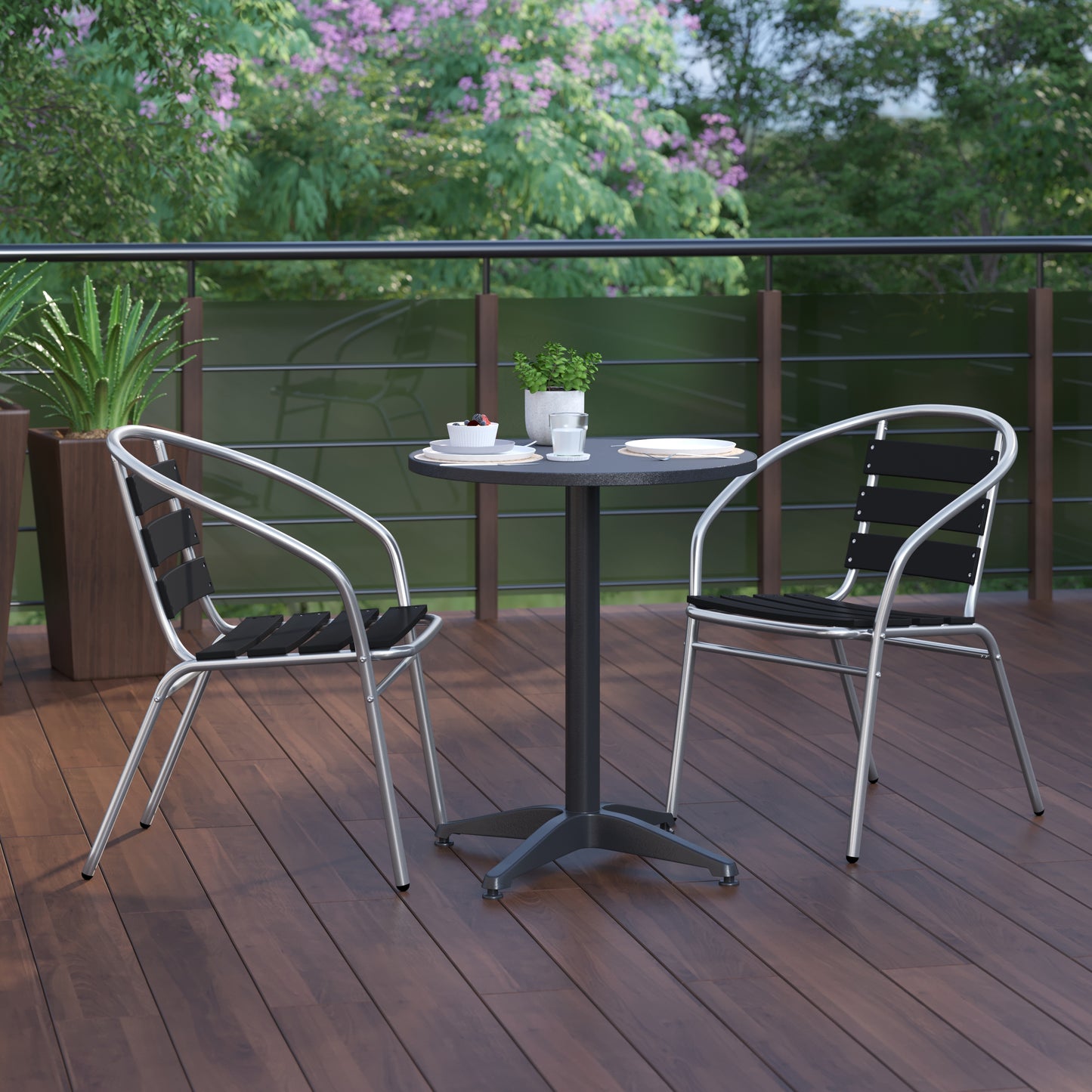 Lila 23.5'' Black Round Aluminum Indoor-Outdoor Table Set with 2 Black Slat Back Chairs Black