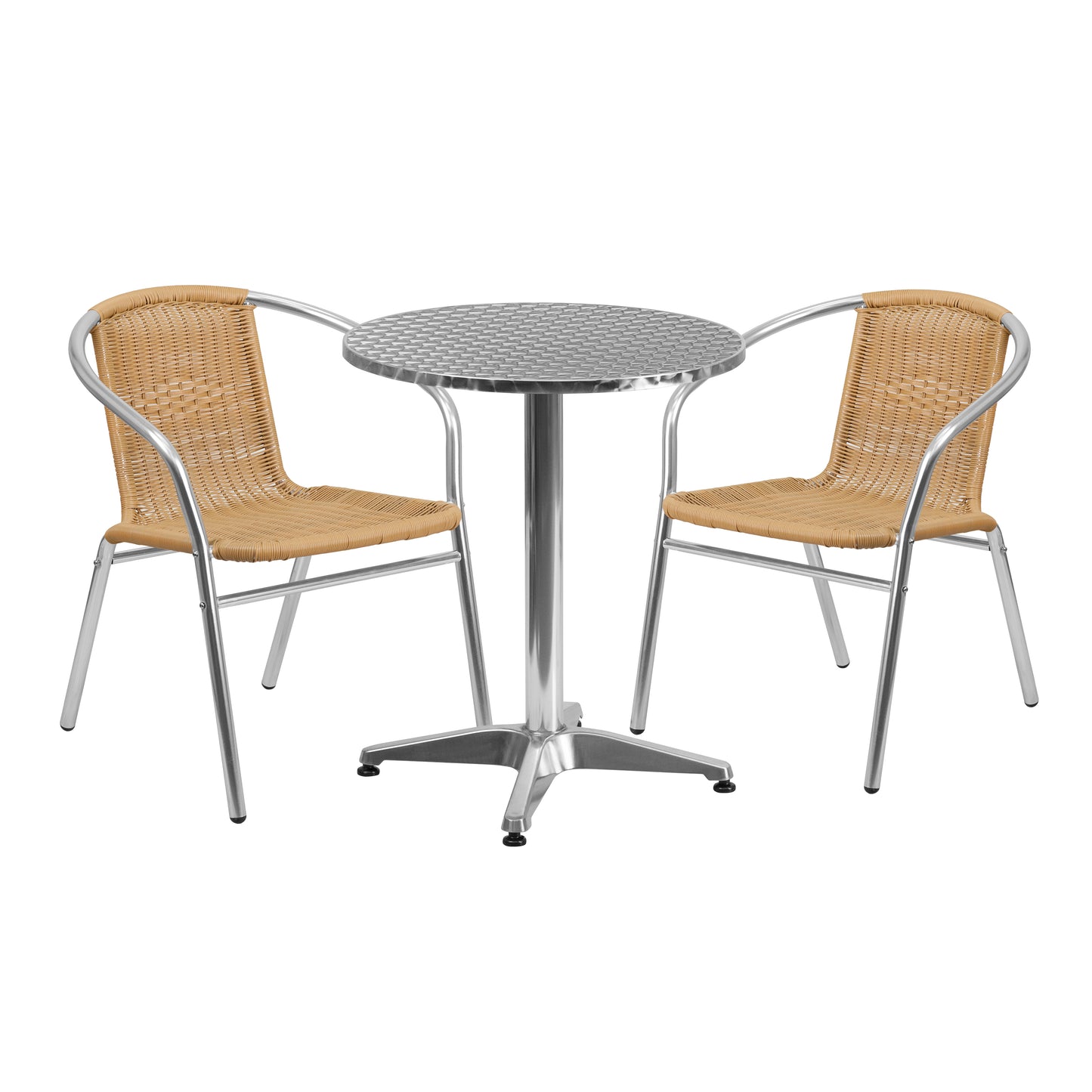 Lila 23.5'' Round Aluminum Indoor-Outdoor Table Set with 2 Beige Rattan Chairs Beige