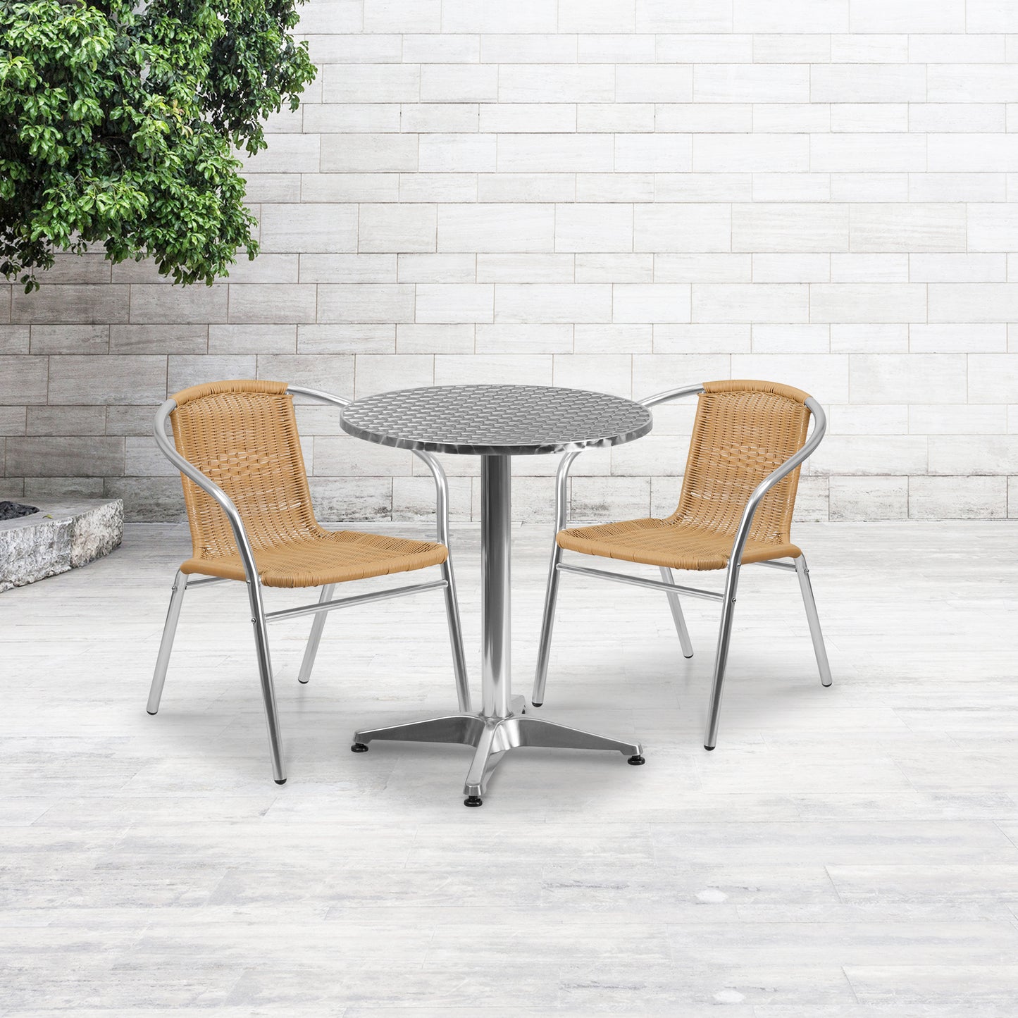Lila 23.5'' Round Aluminum Indoor-Outdoor Table Set with 2 Beige Rattan Chairs Beige