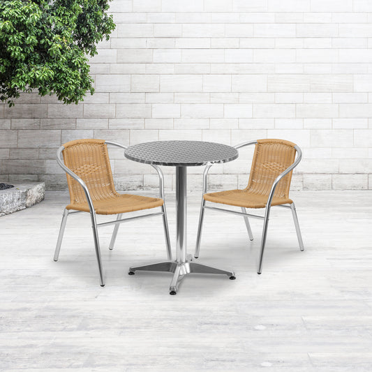 Lila 23.5'' Round Aluminum Indoor-Outdoor Table Set with 2 Beige Rattan Chairs Beige