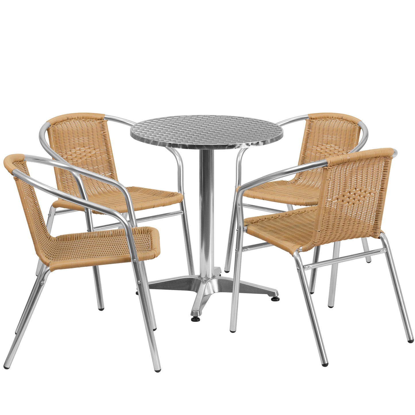 Lila 23.5'' Round Aluminum Indoor-Outdoor Table Set with 4 Beige Rattan Chairs Beige