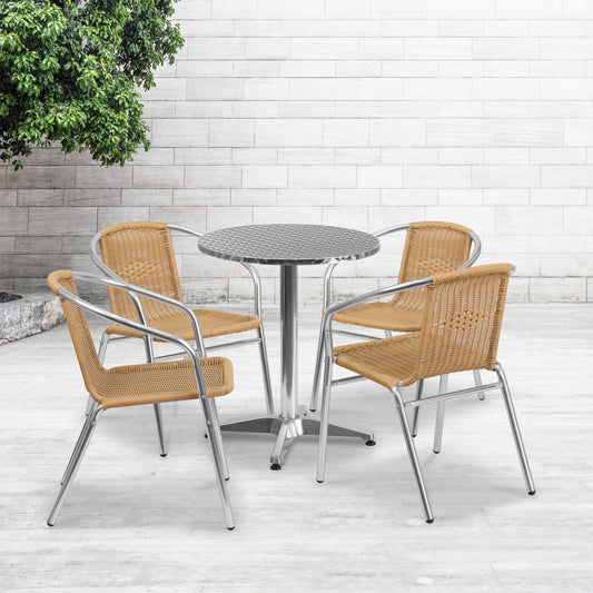 Lila 23.5'' Round Aluminum Indoor-Outdoor Table Set with 4 Beige Rattan Chairs Beige