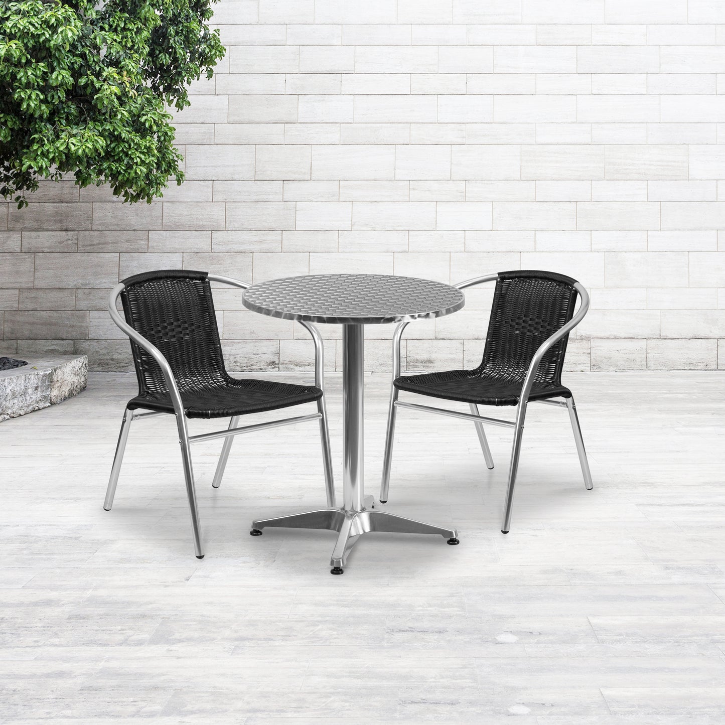 Lila 23.5'' Round Aluminum Indoor-Outdoor Table Set with 2 Black Rattan Chairs Black