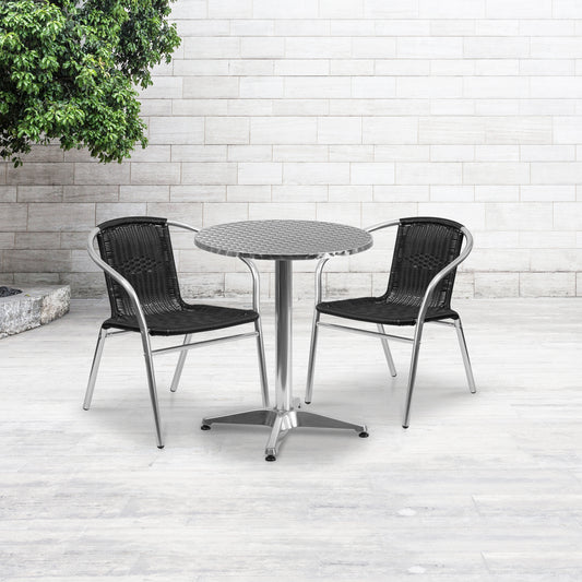 Lila 23.5'' Round Aluminum Indoor-Outdoor Table Set with 2 Black Rattan Chairs Black
