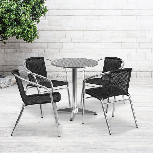Lila 23.5'' Round Aluminum Indoor-Outdoor Table Set with 4 Black Rattan Chairs Black