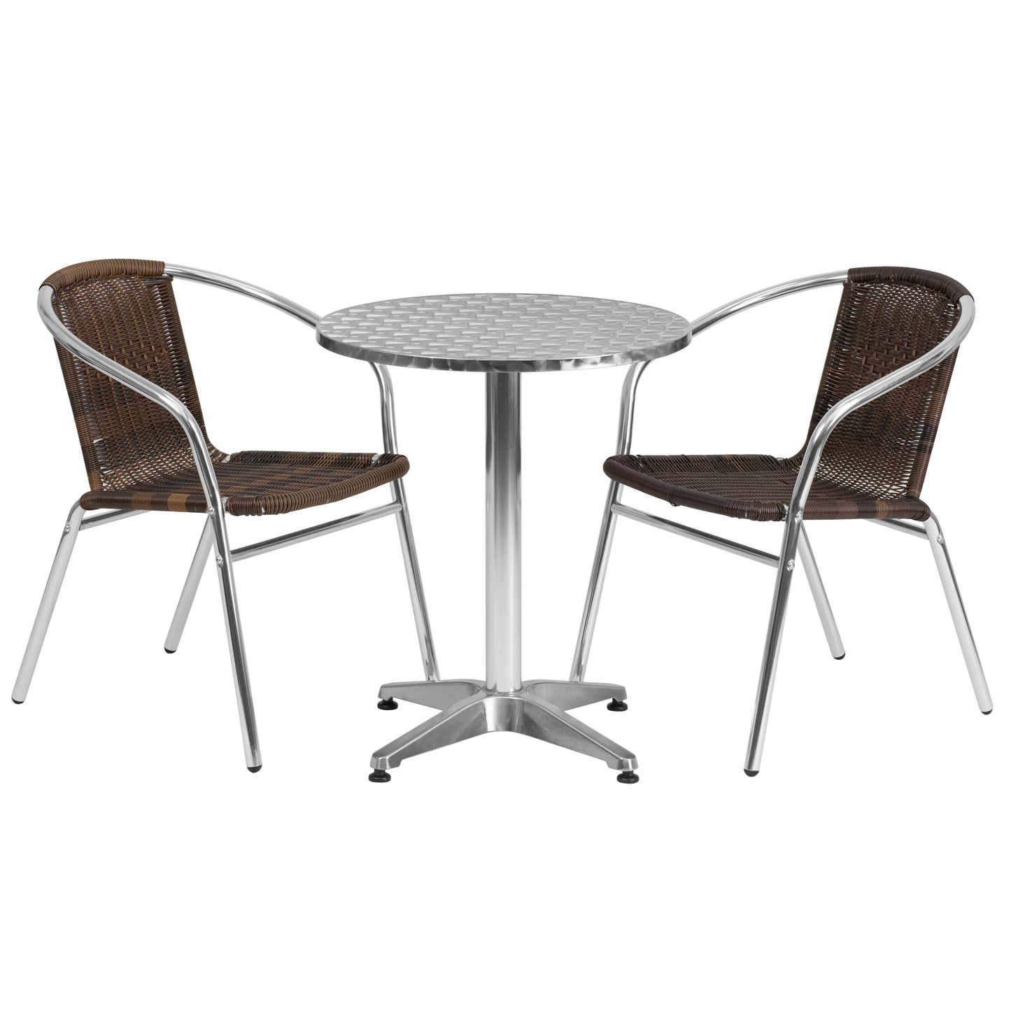 Lila 23.5'' Round Aluminum Indoor-Outdoor Table Set with 2 Dark Brown Rattan Chairs Dark Brown