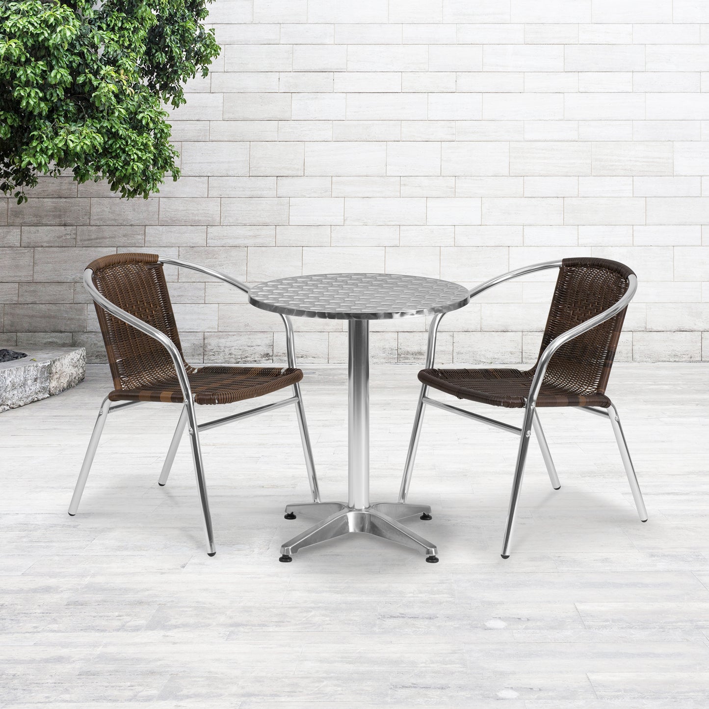 Lila 23.5'' Round Aluminum Indoor-Outdoor Table Set with 2 Dark Brown Rattan Chairs Dark Brown