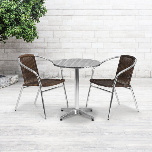 Lila 23.5'' Round Aluminum Indoor-Outdoor Table Set with 2 Dark Brown Rattan Chairs Dark Brown
